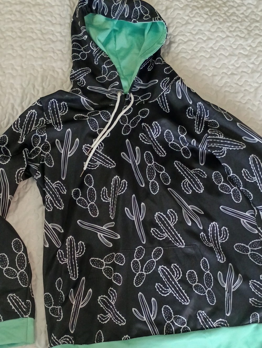 Womens Black Cactus Print Hoodie with Mint Lining
